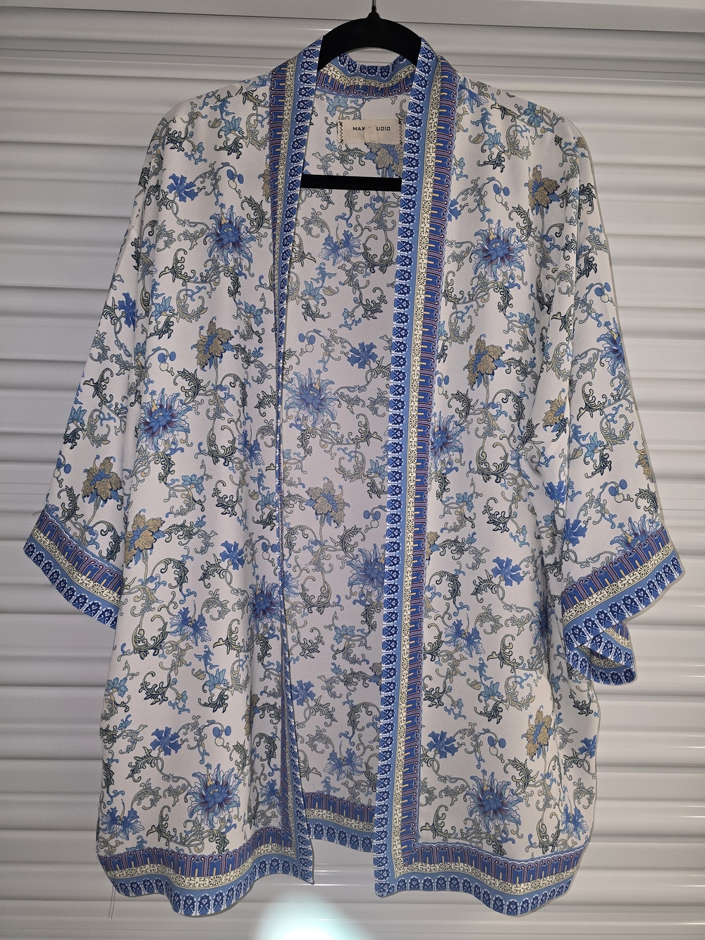 Max Studio White Open-Front Kimono with Blue Floral Border - Picture 2 of 10